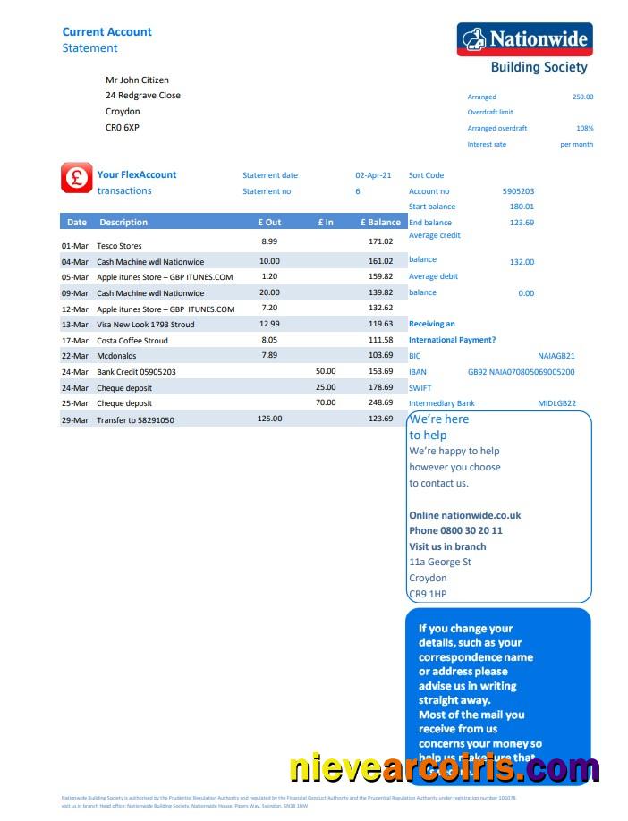 United Kingdom Nationwide bank statement in Excel and PDF file format
